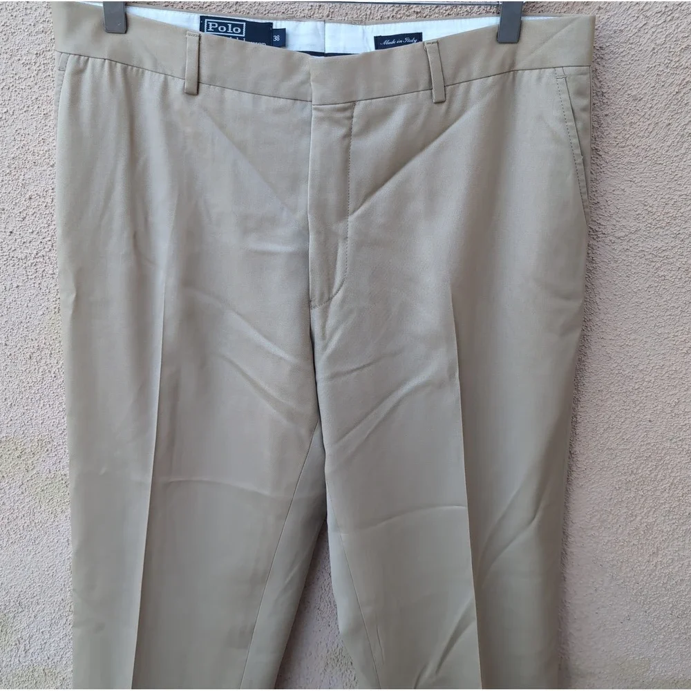 Vintage Polo Ralph Lauren Mens 38 Khaki Chinos Pants Made in Italy Cuffed Cotton